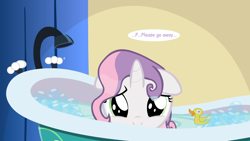 Size: 1280x720 | Tagged: safe, artist:jan, imported from derpibooru, sweetie belle, pony, ask the crusaders, ask, bath, bathtub, cute, diasweetes, female, rubber duck, solo, tumblr, wet mane