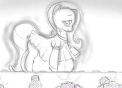 Size: 1448x1050 | Tagged: safe, artist:marshmallowbeam, imported from derpibooru, fluttershy, belly, camera, modeling, monochrome, stuffing