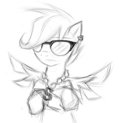 Size: 600x609 | Tagged: safe, artist:dtz-alien, imported from derpibooru, scootaloo, female, gangsta, monochrome, necklace, piercing, portrait, sketch, solo, sunglasses, swag