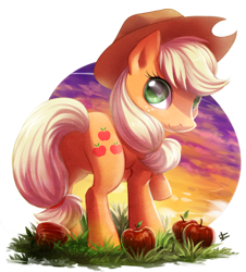 Size: 724x800 | Tagged: safe, artist:draggincat, imported from derpibooru, applejack, earth pony, pony, apple, cute, female, grass, jackabetes, looking at you, looking back, looking back at you, obligatory apple, simple background, solo, transparent background
