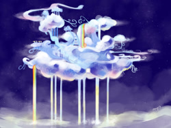 Size: 1024x768 | Tagged: safe, artist:amy30535, imported from derpibooru, background, building, cloud, cloudsdale, cloudy, night, rainbow, rainbow waterfall, scenery