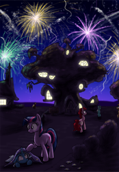 Size: 792x1136 | Tagged: safe, artist:paper-pony, imported from derpibooru, trixie, twilight sparkle, filly, fireworks, night, younger