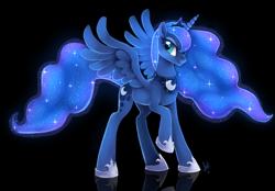Size: 1024x712 | Tagged: safe, artist:skeleion, imported from derpibooru, princess luna, alicorn, pony, black background, female, mare, raised hoof, reflection, simple background, smiling, solo, spread wings, wings