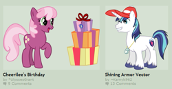 Size: 535x277 | Tagged: safe, imported from derpibooru, cheerilee, shining armor, birthday, cap, cutie mark crusaders, deviantart, exploitable meme, female, hat, juxtaposition, juxtaposition win, male, present, shipping, straight, whistle