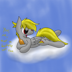 Size: 2600x2600 | Tagged: safe, artist:flashiest lightning, imported from derpibooru, oc, oc only, pegasus, pony, bottle, cloud, rum, solo