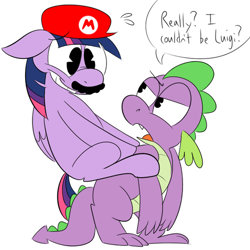 Size: 500x500 | Tagged: safe, artist:karpet-shark, imported from derpibooru, spike, twilight sparkle, alicorn, pony, yoshi, twily-daily, cap, female, hat, luigi, mare, mario's hat, moustache, nintendo, riding, super mario bros., twilight riding spike, twilight sparkle (alicorn)