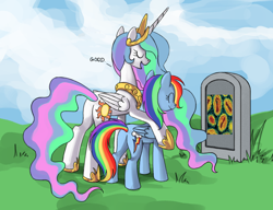 Size: 910x700 | Tagged: safe, imported from derpibooru, princess celestia, rainbow dash, alicorn, pegasus, pony, butt, celestia's grave meme, exploitable meme, extinct, eyes closed, female, gravestone, hug, implied death, mare, meme, open mouth, plot, smallpox, smiling, virus