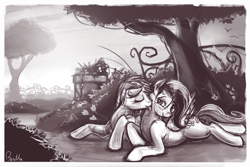 Size: 1728x1152 | Tagged: safe, artist:bantha, imported from derpibooru, fluttershy, rainbow dash, female, flutterdash, garden, grayscale, lesbian, licking, monochrome, shipping