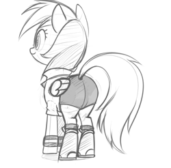 Size: 1020x1005 | Tagged: safe, artist:tex, imported from derpibooru, rainbow dash, pegasus, pony, butt, clothes, female, mare, monochrome, plot, solo