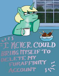 Size: 500x647 | Tagged: safe, artist:bravelittlepony, imported from derpibooru, jade singer, summer mane, coffee, corndog, my little pony mysteries, solo, the mystery of the fattening eclair