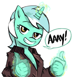 Size: 1028x1064 | Tagged: source needed, safe, artist:herny, imported from derpibooru, lyra heartstrings, clothes, female, fonzie, grin, hand, happy days, hologram, jacket, magic, magic hands, reaction image, simple background, solo, speech bubble, thumbs up, transparent background