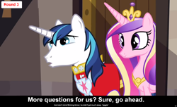 Size: 1600x973 | Tagged: safe, imported from derpibooru, princess cadance, shining armor, comic:celestia's servant interview, caption, interview, meta