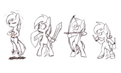 Size: 1500x900 | Tagged: safe, artist:rice, imported from derpibooru, oc, oc only, earth pony, pony, arrow, bipedal, bow (weapon), bow and arrow, shield, sketch dump, sword, weapon