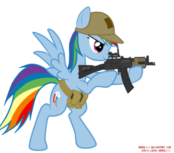 Size: 2879x2545 | Tagged: safe, artist:orang111, imported from derpibooru, rainbow dash, pegasus, pony, aiming, ak-47, aks-74u, assault rifle, belt, bipedal, female, glare, gun, hat, operator, picatinny rail, rifle, smiling, solo, spread wings, standing, tactical school, weapon