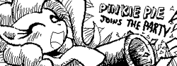 Size: 320x120 | Tagged: safe, imported from derpibooru, pinkie pie, character reveal, female, miiverse, monochrome, parody, party cannon, solo, style emulation, super smash bros., super smash bros. 4