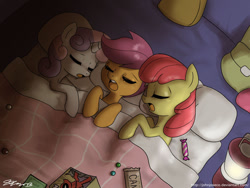 Size: 1000x750 | Tagged: safe, artist:johnjoseco, imported from derpibooru, apple bloom, scootaloo, sweetie belle, earth pony, pegasus, pony, unicorn, adorabloom, bed, blanket, candy, comic book, cute, cutealoo, cutie mark crusaders, deadpool, diasweetes, eyes closed, female, filly, foal, kallisti, lantern, open mouth, pillow, sleeping, sleeping bag, sleepover