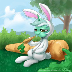 Size: 1000x1000 | Tagged: safe, artist:johnjoseco, imported from derpibooru, lyra heartstrings, pony, unicorn, bunny costume, carrot, clothes, costume, eating, female, herbivore, horses doing horse things, kallisti, mare, solo