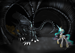 Size: 1920x1353 | Tagged: safe, artist:wreky, imported from derpibooru, princess celestia, alicorn, xenomorph, alien (franchise), egg, female, kallisti, mare, vs, xenomorph queen