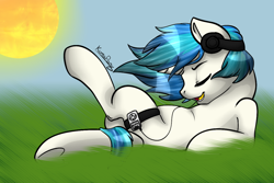 Size: 1200x800 | Tagged: safe, artist:rainbowdrool, imported from derpibooru, dj pon-3, vinyl scratch, female, headphones, ipod, music, on back, solo