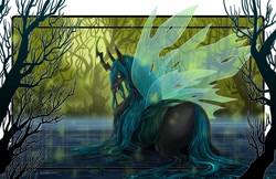 Size: 1200x776 | Tagged: safe, artist:kiriska, imported from derpibooru, queen chrysalis, changeling, changeling queen, bugbutt, butt, female, hoers, plot, solo, the ass was fat, transparent wings, wings