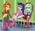 Size: 1067x954 | Tagged: safe, artist:asdf314159265, imported from derpibooru, rainbow dash, sunset shimmer, twilight sparkle, equestria girls, equestria girls (movie), bare shoulders, barefoot, bondage, boots, chair, crying, fall formal outfits, feet, high heel boots, laughing, lockers, sleeveless, strapless, tears of laughter, tickling