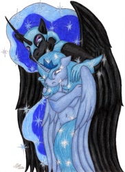 Size: 693x950 | Tagged: safe, artist:lunarlight-prism, imported from derpibooru, nightmare moon, princess luna, anthro, duality, duo, traditional art