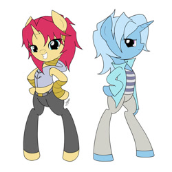 Size: 600x600 | Tagged: safe, artist:jdan-s, imported from derpibooru, sunset shimmer, trixie, semi-anthro, unguligrade anthro, unicorn, bipedal, florence, marik ishtar, midriff, simple background, white background, yami bakura, yu-gi-oh!, yugioh abridged