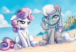 Size: 1900x1300 | Tagged: safe, artist:kp-shadowsquirrel, imported from derpibooru, silver spoon, sweetie belle, earth pony, pony, unicorn, beach, cloud, duo, female, filly, glasses, jewelry, necklace, pearl necklace, sand, sitting, sky, smiling