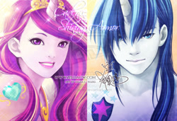 Size: 900x614 | Tagged: safe, artist:zeldacw, imported from derpibooru, princess cadance, shining armor, human, boobie mark, cutie mark, horned humanization, humanized, pony coloring