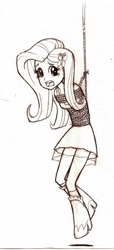 Size: 686x1500 | Tagged: safe, artist:anime-gagged, imported from derpibooru, fluttershy, equestria girls, bondage, breast bondage, breasts, female, monochrome, rope, solo, suspended, traditional art