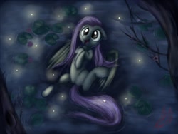 Size: 1200x900 | Tagged: safe, artist:miokomata, imported from derpibooru, fluttershy, firefly (insect), cute, dark, female, glow, glowing, night, on back, shyabetes, solo, swimming, water, wet mane