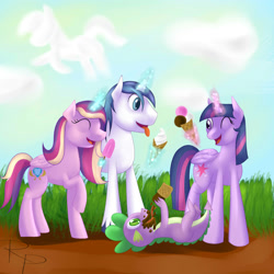 Size: 2000x2000 | Tagged: safe, artist:ruberphoenix, imported from derpibooru, princess cadance, shining armor, spike, twilight sparkle, alicorn, pony, female, ice cream, mare, sisters-in-law, twilight sparkle (alicorn)
