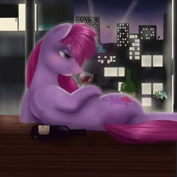 Size: 960x960 | Tagged: safe, artist:dertaii, imported from derpibooru, berry punch, berryshine, alcohol, city, female, manhattan, solo, wine