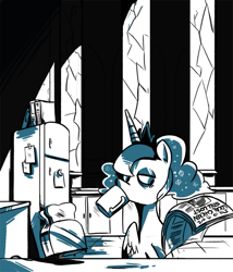 Size: 567x662 | Tagged: safe, artist:herny, imported from derpibooru, princess luna, female, interior, kitchen, magic, morning ponies, mug, newspaper, partial color, refrigerator, solo, toast, toaster