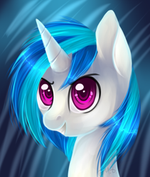 Size: 622x737 | Tagged: safe, artist:ghst-qn, imported from derpibooru, dj pon-3, vinyl scratch, pony, unicorn, bust, colored pupils, female, grin, mare, portrait, signature, smiling, solo