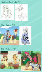 Size: 950x1600 | Tagged: safe, artist:goat train, imported from derpibooru, applejack, care package, derpy hooves, mayor mare, pinkie pie, sapphire joy, special delivery, oc, gogoat, pegasus, pony, commission, commission info, female, mare, pokémon, wheaties