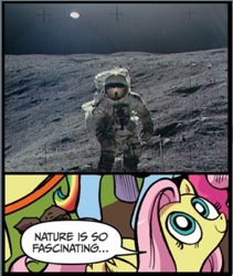 Size: 396x470 | Tagged: safe, edit, idw, imported from derpibooru, fluttershy, pegasus, pony, astronaut, exploitable meme, female, mare, meme, moon, nature, nature is so fascinating