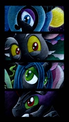 Size: 681x1208 | Tagged: safe, artist:drakefenwick, imported from derpibooru, discord, king sombra, nightmare moon, queen chrysalis, alicorn, changeling, changeling queen, draconequus, unicorn, antagonist, dramatic pose, eye, eyes, female, moon, stare, villainess
