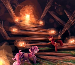 Size: 2400x2100 | Tagged: safe, artist:72-hours-remain, imported from derpibooru, apple bloom, sweetie belle, earth pony, pony, unicorn, cavern, duo, everfree forest, female, filly, glowing light, lens flare