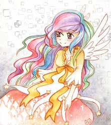 Size: 2166x2455 | Tagged: safe, artist:silkencat, imported from derpibooru, princess celestia, human, colored pencil drawing, female, humanized, solo, traditional art, watercolor painting