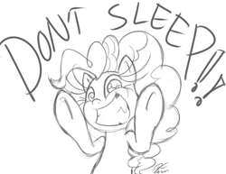 Size: 1280x989 | Tagged: dead source, safe, artist:leadhooves, imported from derpibooru, pinkie pie, female, fourth wall, grin, looking at you, monochrome, sketch, sleeping, solo