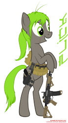 Size: 1831x3289 | Tagged: safe, artist:orang111, imported from derpibooru, oc, oc only, earth pony, pony, ar-15, ar15, bipedal, gun, magpul, picatinny rail, pistol, ponytail, reflex sight, rifle, scar, smiling, solo