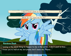 Size: 798x630 | Tagged: safe, imported from derpibooru, rainbow dash, pegasus, pony, choice, crying, dialogue, female, katawa shoujo, mare, moment of decision, solo, text