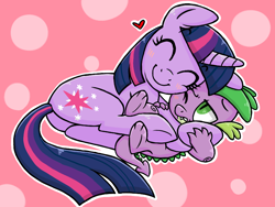 Size: 800x600 | Tagged: safe, artist:gloomydoodle, imported from derpibooru, spike, twilight sparkle, dragon, pony, unicorn, blushing, butt, c:, cute, frown, gritted teeth, happy, heart, hug, mama twilight, nuzzling, on side, plot, side, spikabetes, spikelove, twiabetes, underhoof, wink