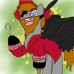 Size: 800x800 | Tagged: safe, artist:horseofpretense, imported from derpibooru, oc, oc only, pegasus, pony, amputee, beard, chest fluff, eyepatch, hook, male, peg leg, pirate, prosthetic leg, prosthetic limb, prosthetics, solo