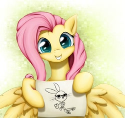 Size: 1600x1516 | Tagged: safe, artist:xn-d, imported from derpibooru, angel bunny, fluttershy, carrot, cute, female, hipster, note, shyabetes, solo