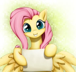 Size: 1600x1516 | Tagged: safe, artist:xn-d, edit, imported from derpibooru, fluttershy, cute, exploitable, exploitable meme, female, fluttershy note meme, meme, note, paper, shyabetes, sign, smiling, solo