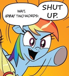 Size: 334x366 | Tagged: safe, idw, imported from derpibooru, rainbow dash, exploitable meme, meme, reaction image, shut up, two words meme