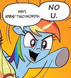 Size: 334x366 | Tagged: safe, idw, imported from derpibooru, applejack, rainbow dash, pegasus, pony, exploitable meme, floppy ears, meme, no u, open mouth, smirk, solo focus, two words meme, underhoof