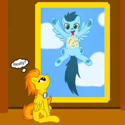 Size: 1000x1000 | Tagged: safe, artist:sky-sketch, imported from derpibooru, soarin', spitfire, against glass, cute, pie, sitting, soarinbetes, that pony sure does love pies, tongue out, window